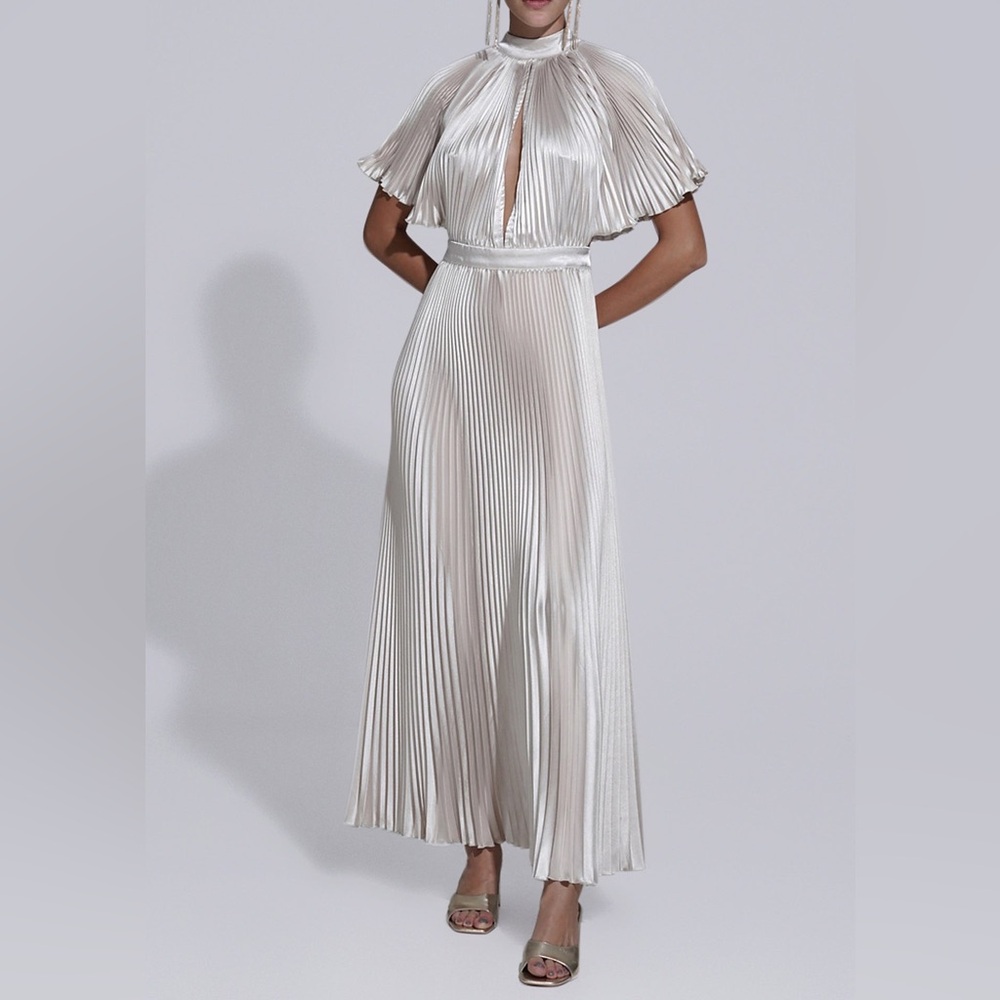 NWT L’IDEE Elite Pleated Maxi Gown Dress in Champagne Gold